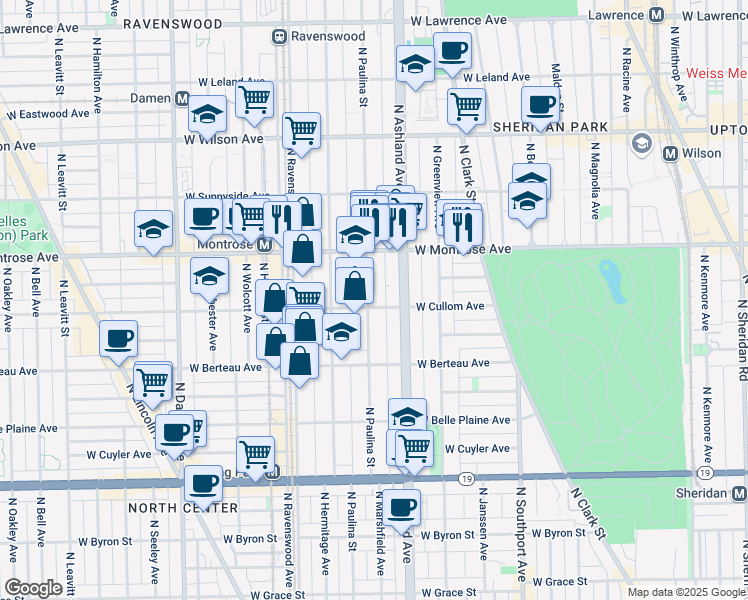 map of restaurants, bars, coffee shops, grocery stores, and more near 4251 North Paulina Street in Chicago