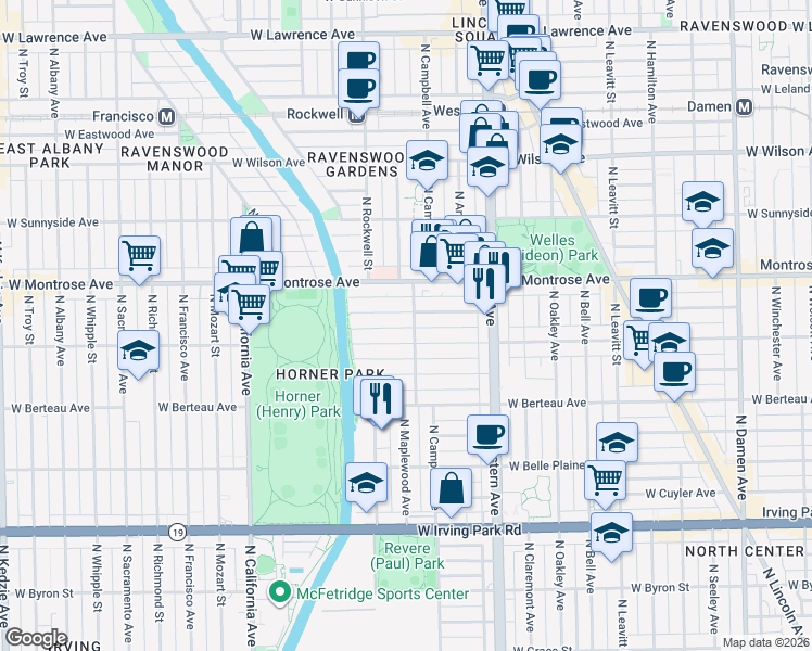 map of restaurants, bars, coffee shops, grocery stores, and more near 2477 West Cullom Avenue in Chicago