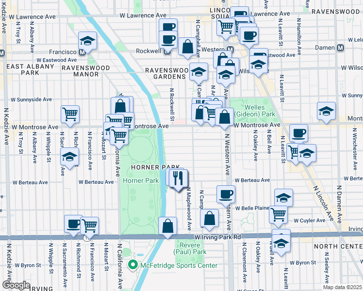 map of restaurants, bars, coffee shops, grocery stores, and more near 2530 West Cullom Avenue in Chicago