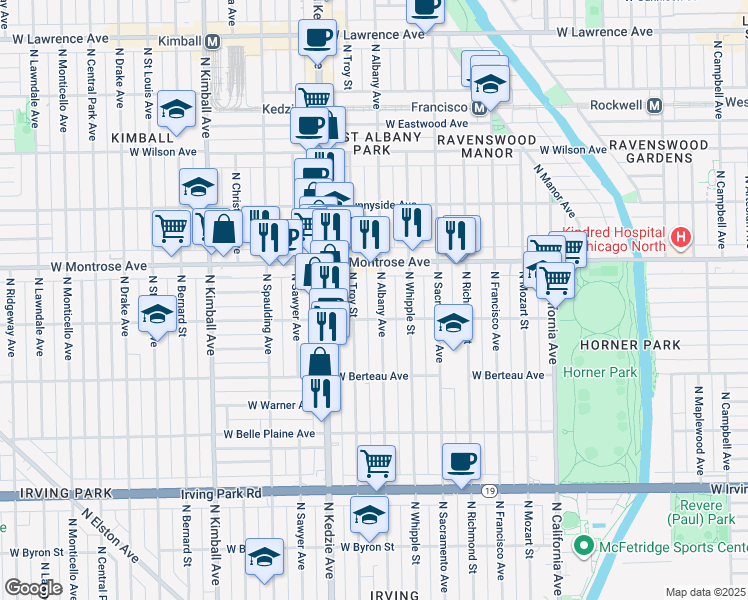 map of restaurants, bars, coffee shops, grocery stores, and more near 4303 North Troy Street in Chicago