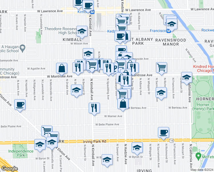 map of restaurants, bars, coffee shops, grocery stores, and more near 3306 West Cullom Avenue in Chicago