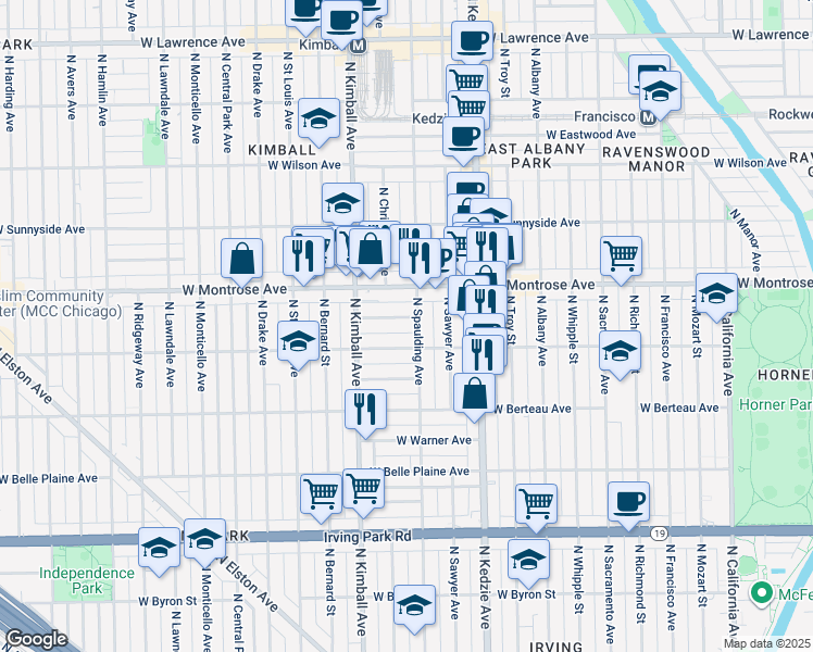 map of restaurants, bars, coffee shops, grocery stores, and more near 3306 West Cullom Avenue in Chicago