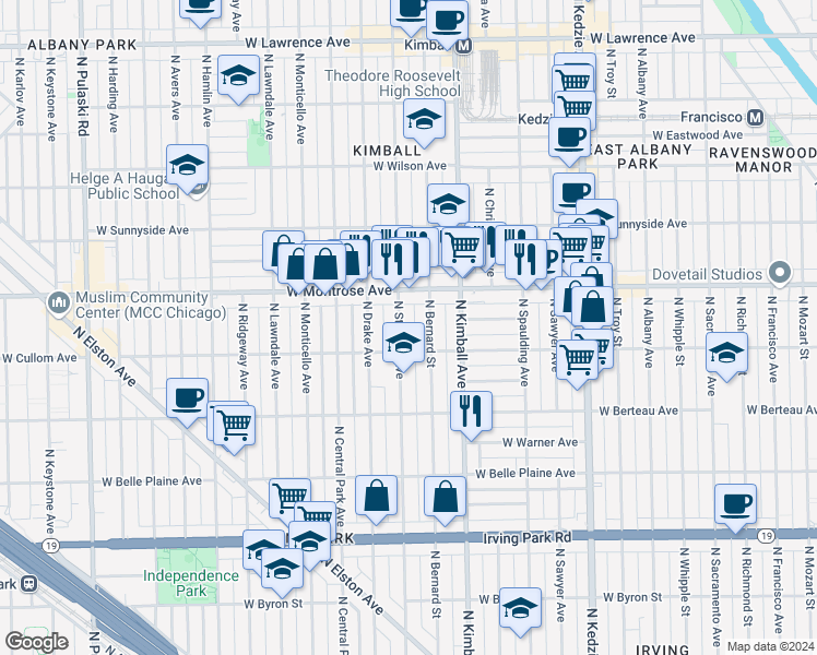 map of restaurants, bars, coffee shops, grocery stores, and more near 4305 North Saint Louis Avenue in Chicago