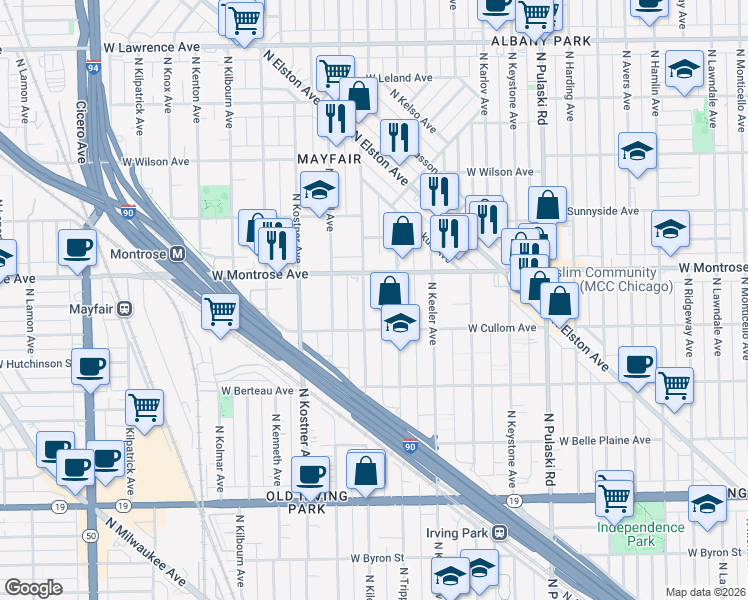 map of restaurants, bars, coffee shops, grocery stores, and more near 4315 North Kildare Avenue in Chicago
