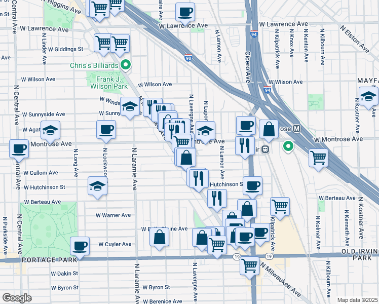 map of restaurants, bars, coffee shops, grocery stores, and more near 4319 North Milwaukee Avenue in Chicago