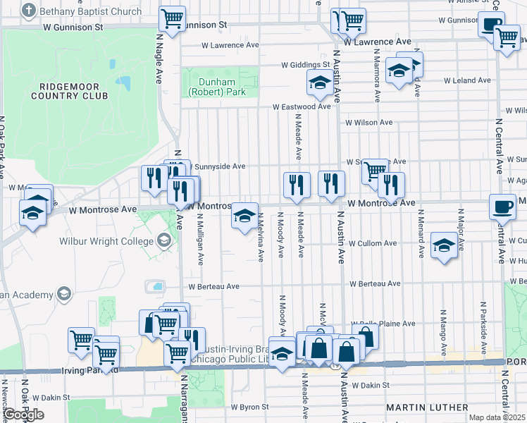 map of restaurants, bars, coffee shops, grocery stores, and more near 4333 North Melvina Avenue in Chicago