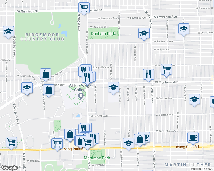 map of restaurants, bars, coffee shops, grocery stores, and more near 4334 North Mobile Avenue in Chicago
