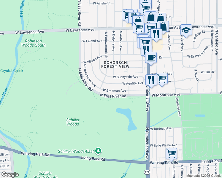 map of restaurants, bars, coffee shops, grocery stores, and more near 8555 West Brodman Avenue in Chicago