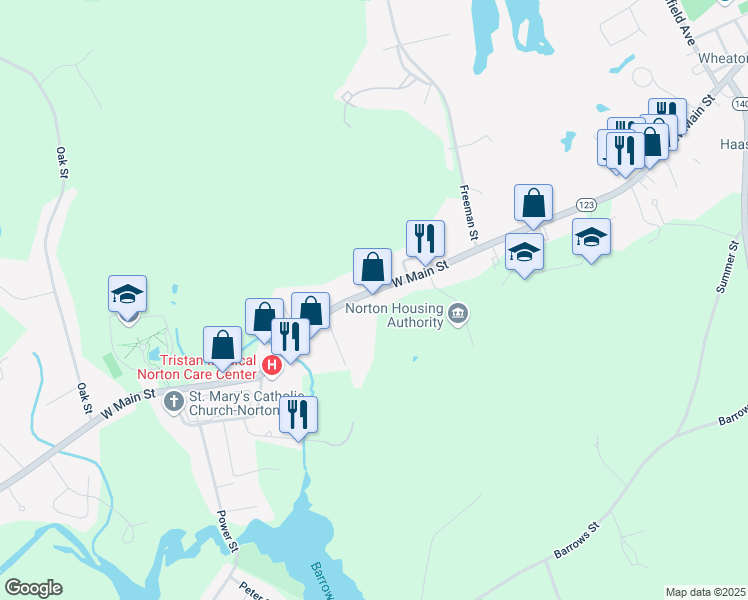 map of restaurants, bars, coffee shops, grocery stores, and more near 142 West Main Street in Norton