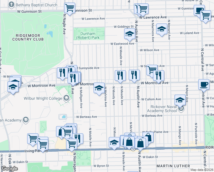 map of restaurants, bars, coffee shops, grocery stores, and more near 4333 North Melvina Avenue in Chicago