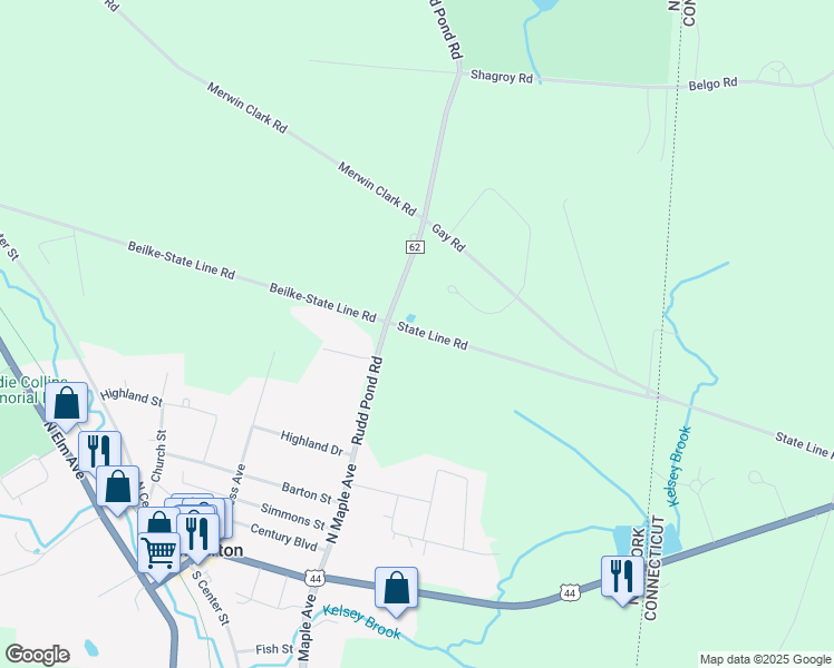 map of restaurants, bars, coffee shops, grocery stores, and more near 12 State Line Road in Millerton