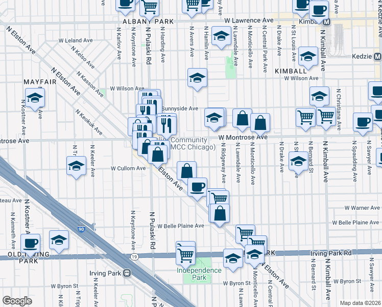 map of restaurants, bars, coffee shops, grocery stores, and more near 4308 North Avers Avenue in Chicago