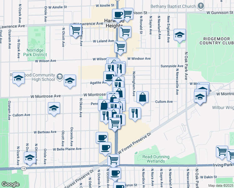 map of restaurants, bars, coffee shops, grocery stores, and more near N Harlem Ave & W Montrose Ave in Norridge