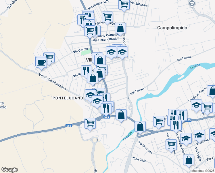 map of restaurants, bars, coffee shops, grocery stores, and more near 5 Via Felice Cavallotti in Villanova