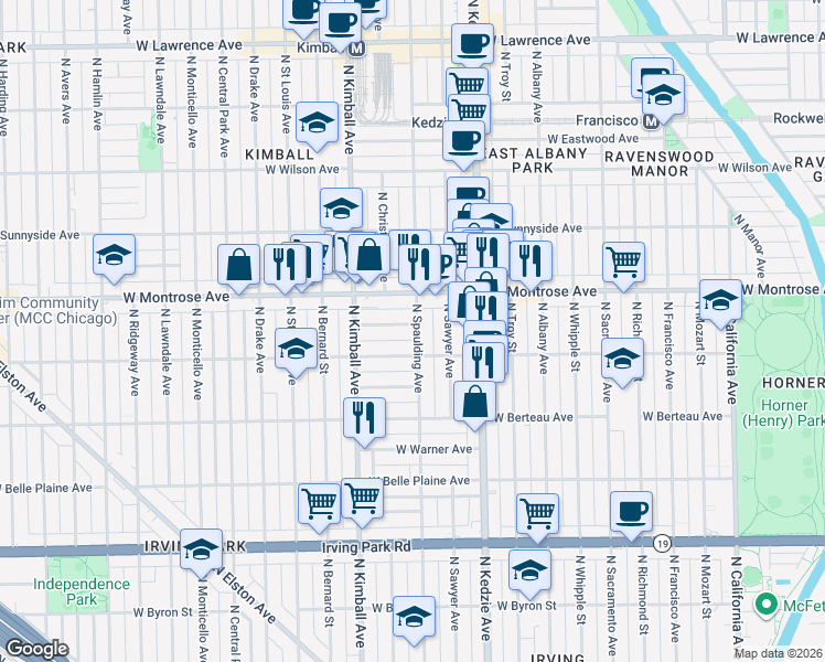 map of restaurants, bars, coffee shops, grocery stores, and more near 3306 West Cullom Avenue in Chicago