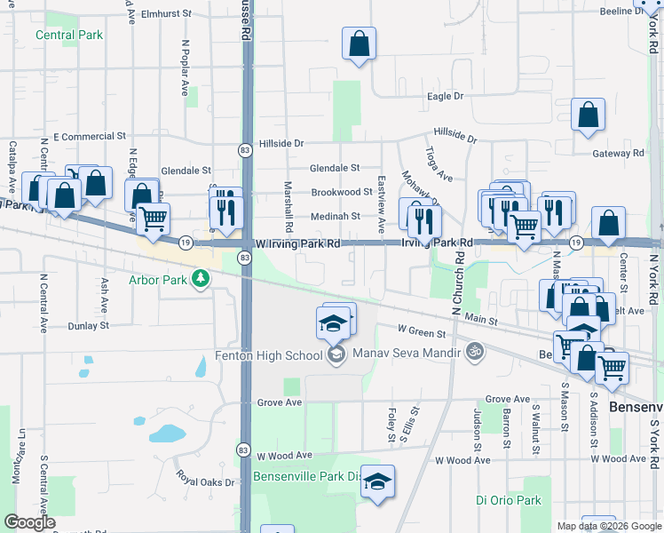 map of restaurants, bars, coffee shops, grocery stores, and more near 1096 Irving Park Road in Bensenville