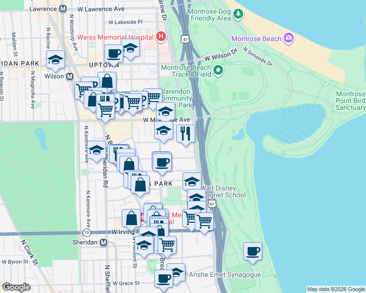 map of restaurants, bars, coffee shops, grocery stores, and more near 4250 North Marine Drive in Chicago