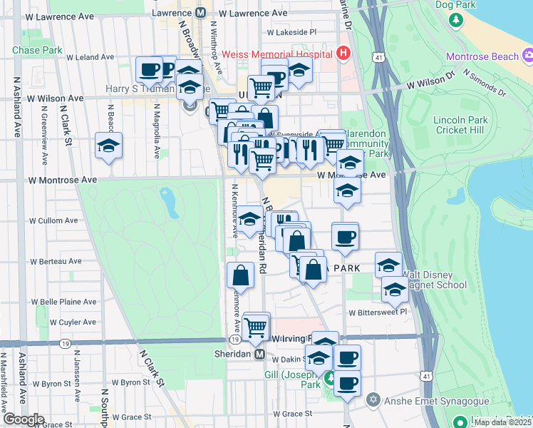 map of restaurants, bars, coffee shops, grocery stores, and more near 4244 North Broadway in Chicago
