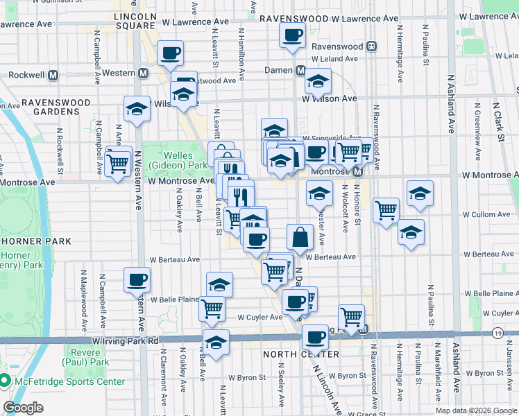 map of restaurants, bars, coffee shops, grocery stores, and more near 2055 West Cullom Avenue in Chicago