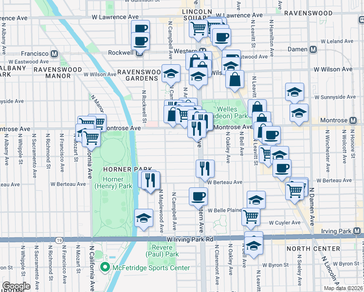 map of restaurants, bars, coffee shops, grocery stores, and more near 2432 West Cullom Avenue in Chicago