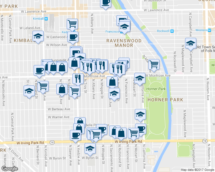 map of restaurants, bars, coffee shops, grocery stores, and more near 3000 West Cullom Avenue in Chicago