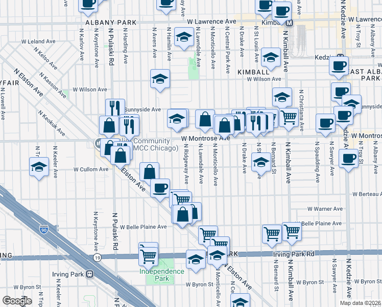 map of restaurants, bars, coffee shops, grocery stores, and more near 4309 North Ridgeway Avenue in Chicago