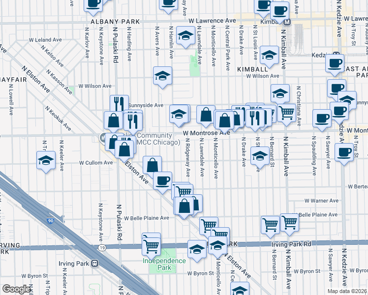 map of restaurants, bars, coffee shops, grocery stores, and more near 4309 North Ridgeway Avenue in Chicago