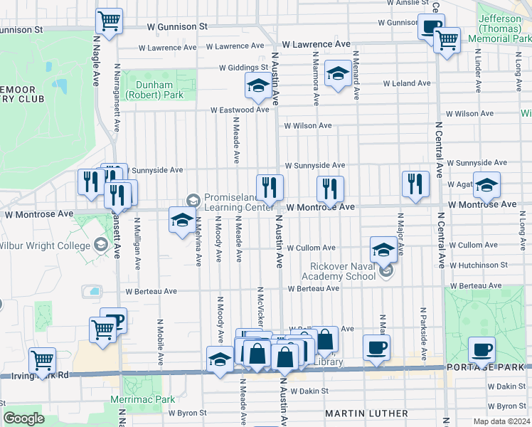 map of restaurants, bars, coffee shops, grocery stores, and more near 4334 North McVicker Avenue in Chicago