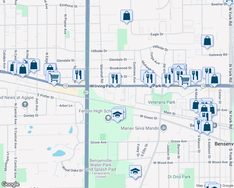 map of restaurants, bars, coffee shops, grocery stores, and more near 1096 Irving Park Road in Bensenville