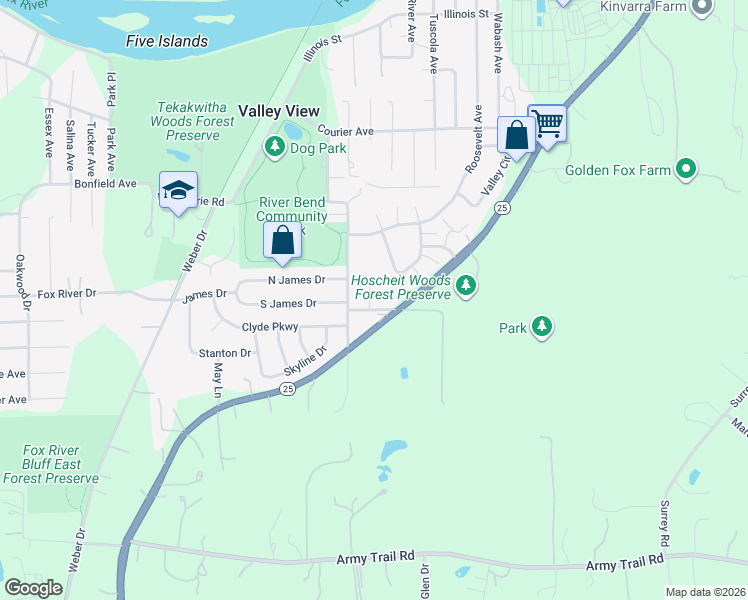 map of restaurants, bars, coffee shops, grocery stores, and more near 6N180 Illinois 25 in St. Charles
