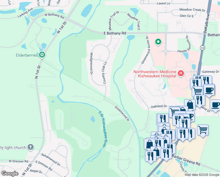 map of restaurants, bars, coffee shops, grocery stores, and more near 2700 Country Club Lane in DeKalb