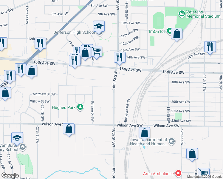 map of restaurants, bars, coffee shops, grocery stores, and more near 1801 Shady Grove Road Southwest in Cedar Rapids