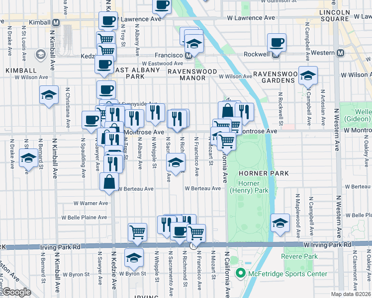 map of restaurants, bars, coffee shops, grocery stores, and more near 4305 North Richmond Street in Chicago