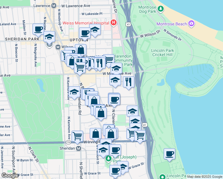 map of restaurants, bars, coffee shops, grocery stores, and more near 805 W Jr Terrace in Chicago