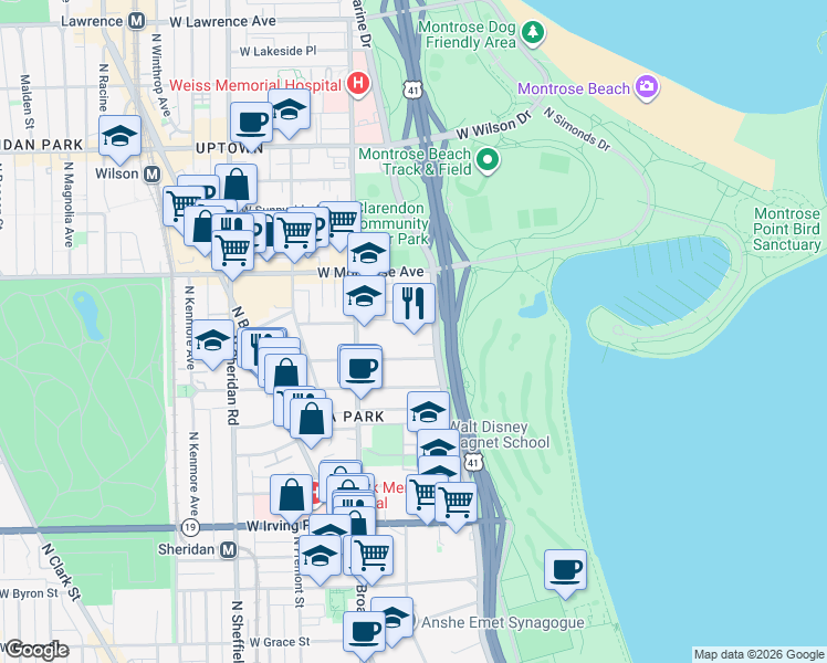 map of restaurants, bars, coffee shops, grocery stores, and more near 4250 North Marine Drive in Chicago