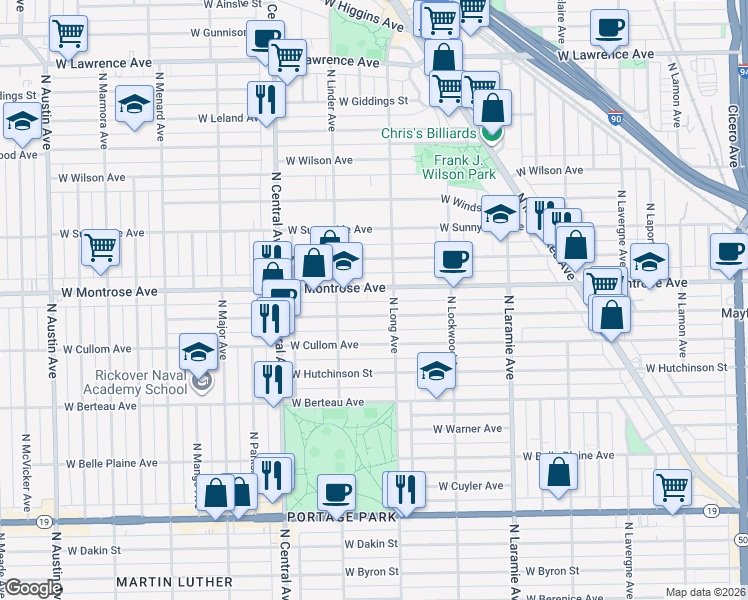 map of restaurants, bars, coffee shops, grocery stores, and more near 5419 West Montrose Avenue in Chicago