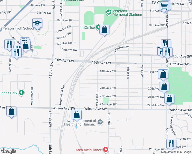 map of restaurants, bars, coffee shops, grocery stores, and more near 1301 19th Avenue Southwest in Cedar Rapids