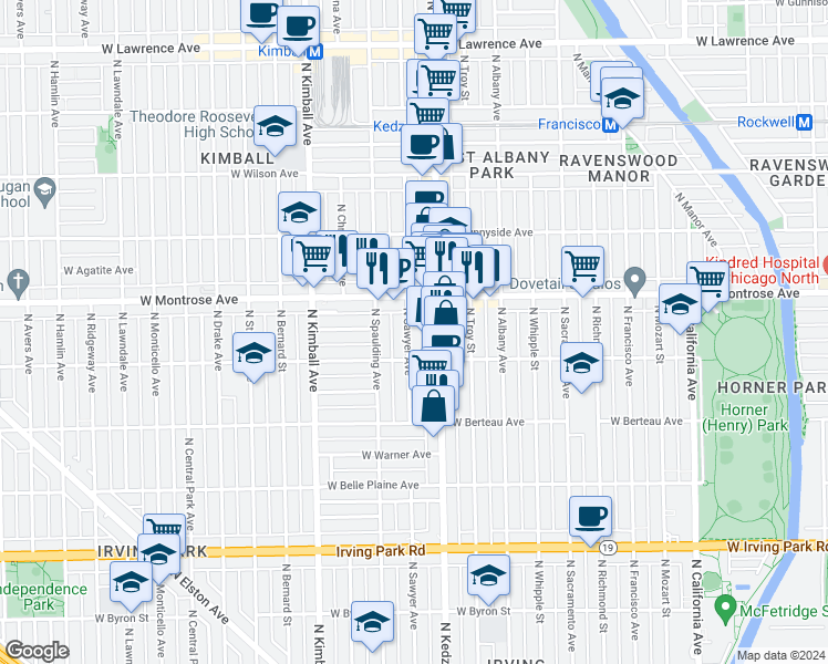 map of restaurants, bars, coffee shops, grocery stores, and more near 4325 North Sawyer Avenue in Chicago