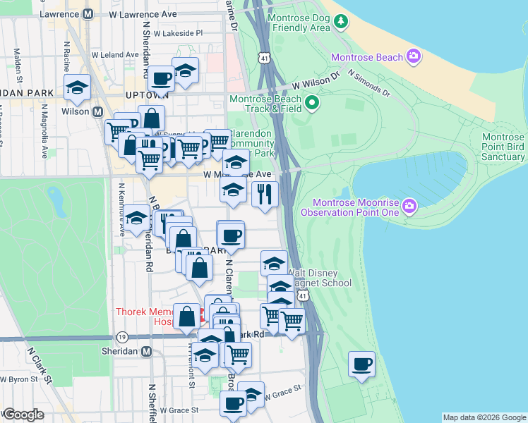 map of restaurants, bars, coffee shops, grocery stores, and more near 4250 North Marine Drive in Chicago