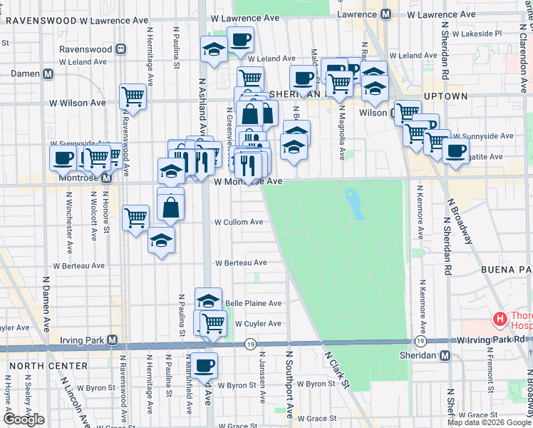 map of restaurants, bars, coffee shops, grocery stores, and more near 4308 North Clark Street in Chicago