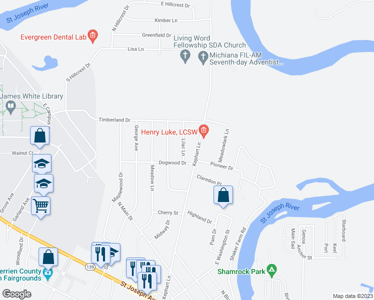 map of restaurants, bars, coffee shops, grocery stores, and more near 8753 Lilac Lane in Berrien Springs