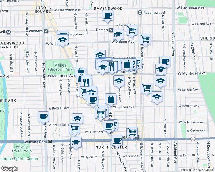 map of restaurants, bars, coffee shops, grocery stores, and more near 4316 North Damen Avenue in Chicago
