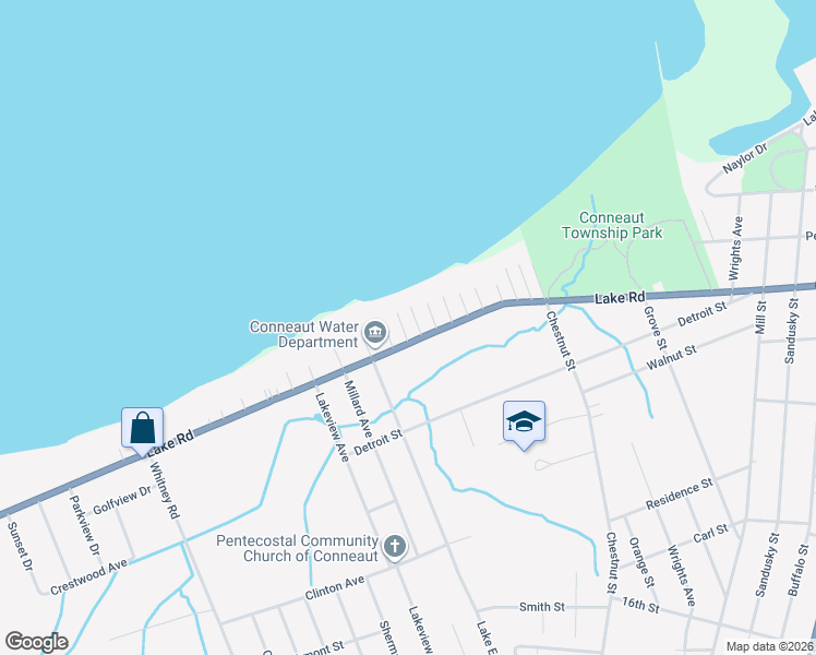 map of restaurants, bars, coffee shops, grocery stores, and more near 731 Lake Road in Conneaut