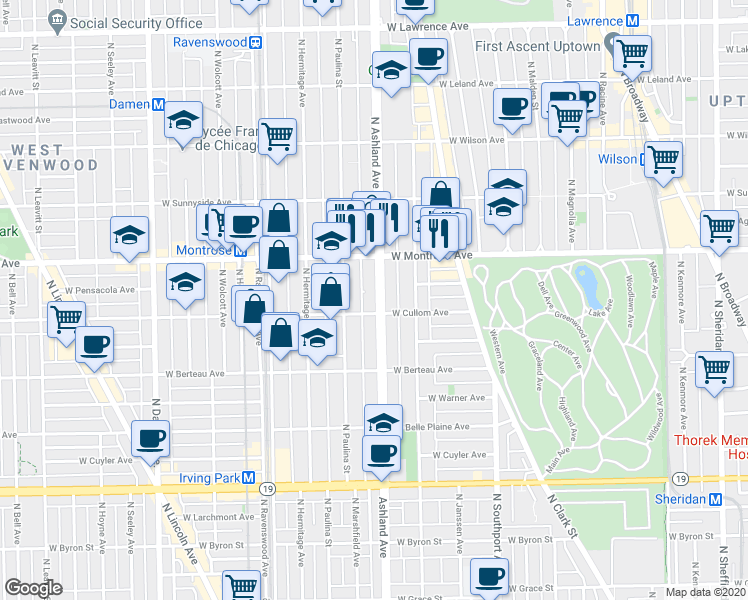 map of restaurants, bars, coffee shops, grocery stores, and more near 4259 North Ashland Avenue in Chicago