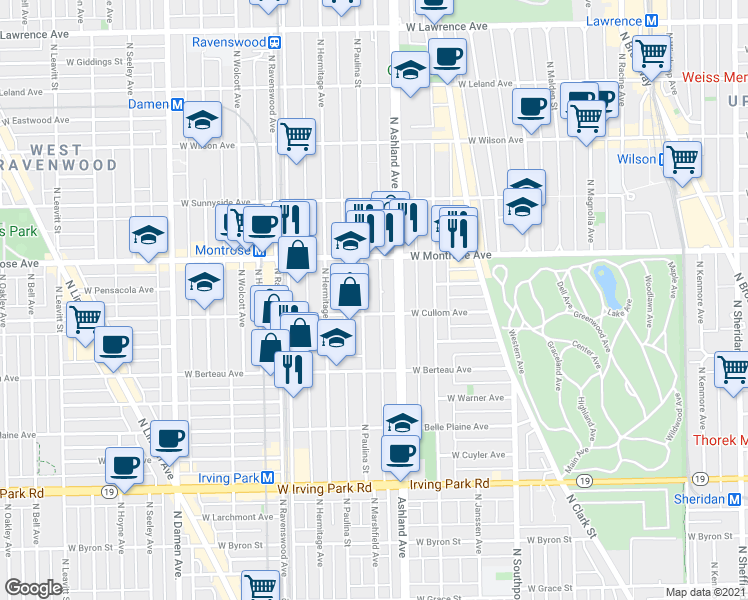 map of restaurants, bars, coffee shops, grocery stores, and more near 4251 North Paulina Street in Chicago