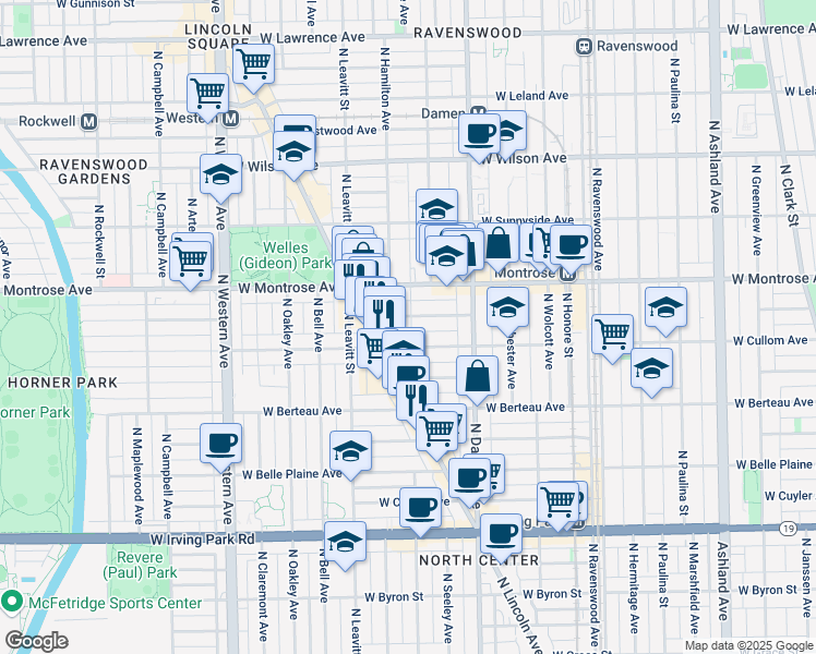 map of restaurants, bars, coffee shops, grocery stores, and more near 2055 West Cullom Avenue in Chicago