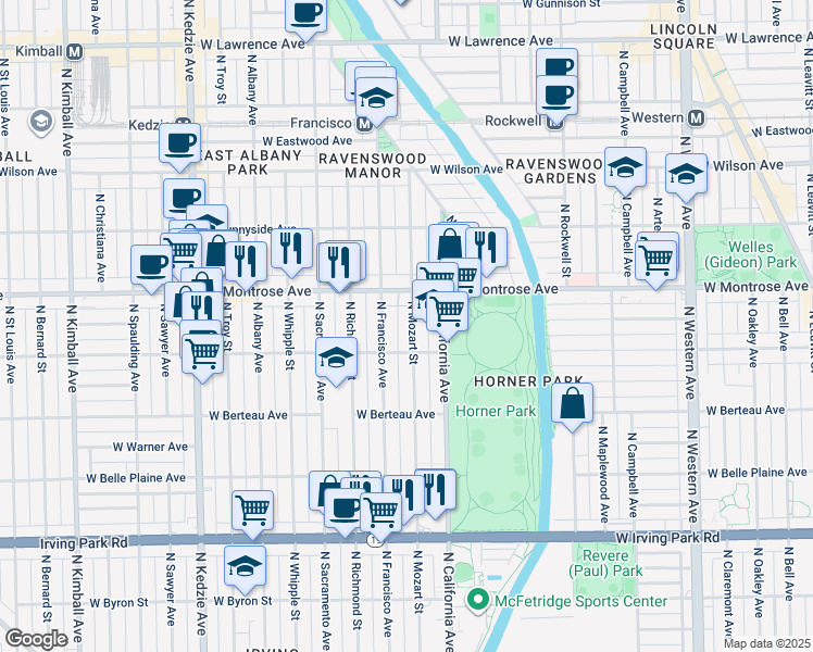 map of restaurants, bars, coffee shops, grocery stores, and more near 2856 West Cullom Avenue in Chicago