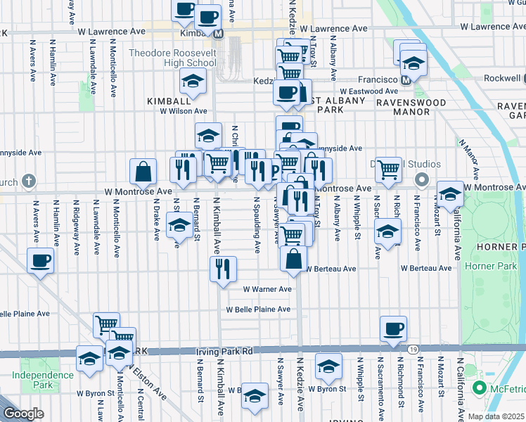 map of restaurants, bars, coffee shops, grocery stores, and more near 3306 West Cullom Avenue in Chicago