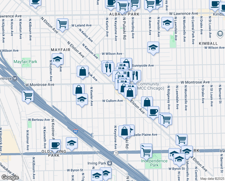 map of restaurants, bars, coffee shops, grocery stores, and more near 4319 North Keystone Avenue in Chicago