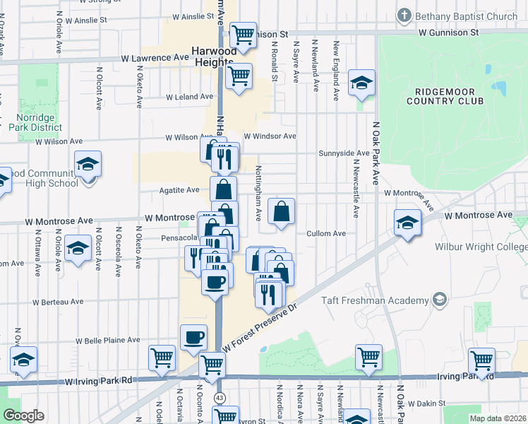 map of restaurants, bars, coffee shops, grocery stores, and more near 4308 North Nordica Avenue in Norridge
